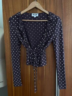 Rouje Chocolate Polka Dot Ruffle Wrap Top